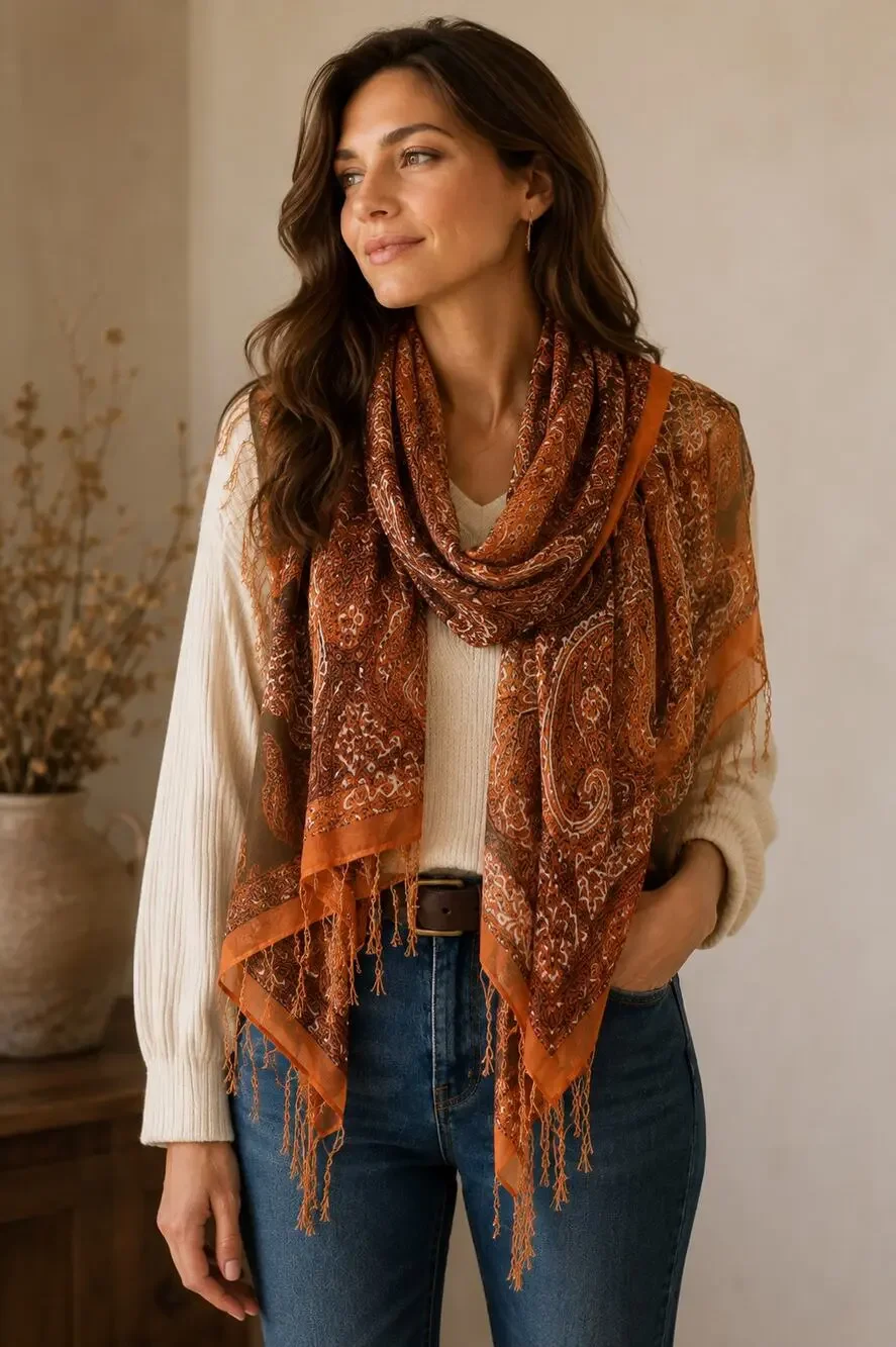Womens Burnout Scarf Orange Brown Paisley Tassel Fringe Wrap Shawl Boho Festival